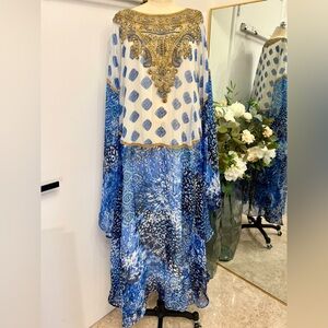 Boho Luxe Blue & Gold Embellished Kaftan Maxi Dress Beaded Caftan
